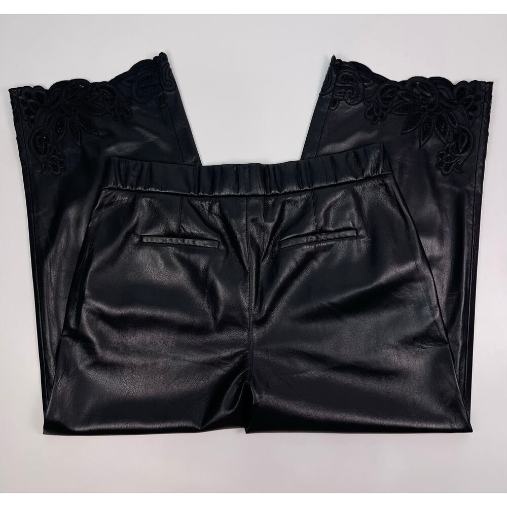 Chico’s Black Faux Leather Cropped Trousers Lace Hem Wide Leg Pants 10 Petite - Picture 2 of 13